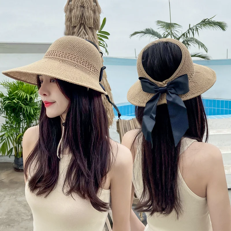 

Sun Empty Top hat Women's summer bow big eave Outdoor Sun protection beach Visor Hat Folding Fisherman grass hat