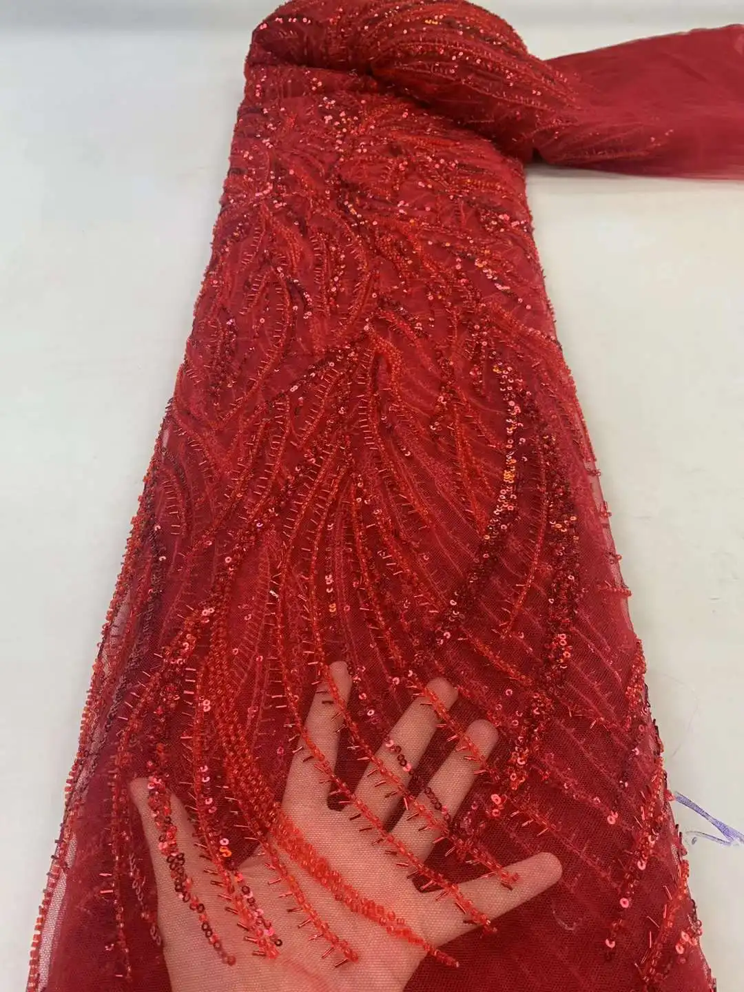 

Красная африканская кружевная ткань с блестками из бисера 2023 5 ярдов Высокое качество французская нигерийская кружевная ткань для жениха для свадебной вечеринки Шитье