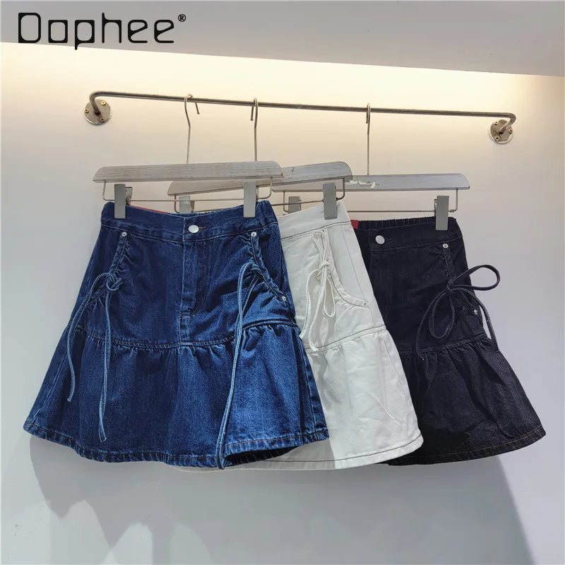 

Preppy Style Solid Color High Waist Jean Skirt Student 2024 Summer New Sweet Back Elastic Buckle Slimming Short Skirts for Women