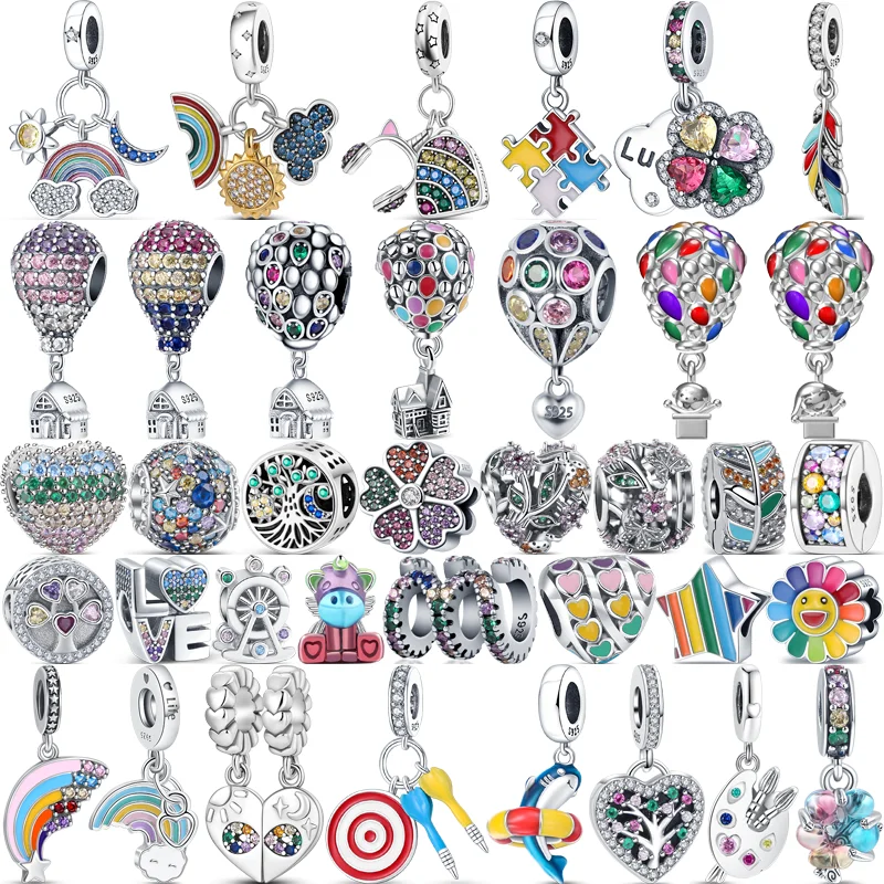 

Fit Original Pandora Charms Bracelet 925 Sterling Silver Colorful Rainbow Moon Sun Hot Air Balloon Tree Feather Clover DIY Beads