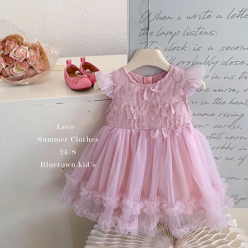 

Little Girl Summer Fashionable Stylish Flounced Sleeve Princess Tulle Skirt2024New Children's Fashion Dress Baby Skirt