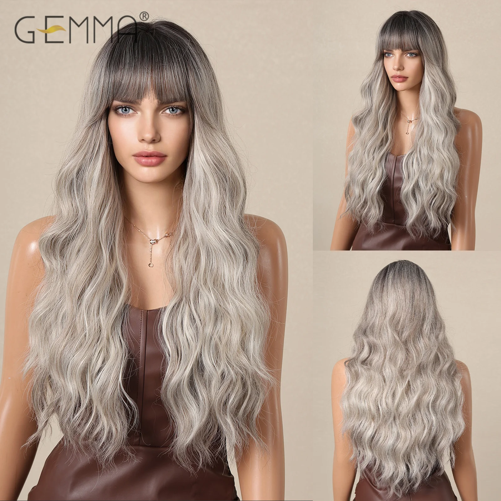 

Ombre Ash Gray Blonde Wig with Bangs Synthetic Long Wavy Wigs for Women Water Wave Cosplay Party Hair Natural Heat Resistant