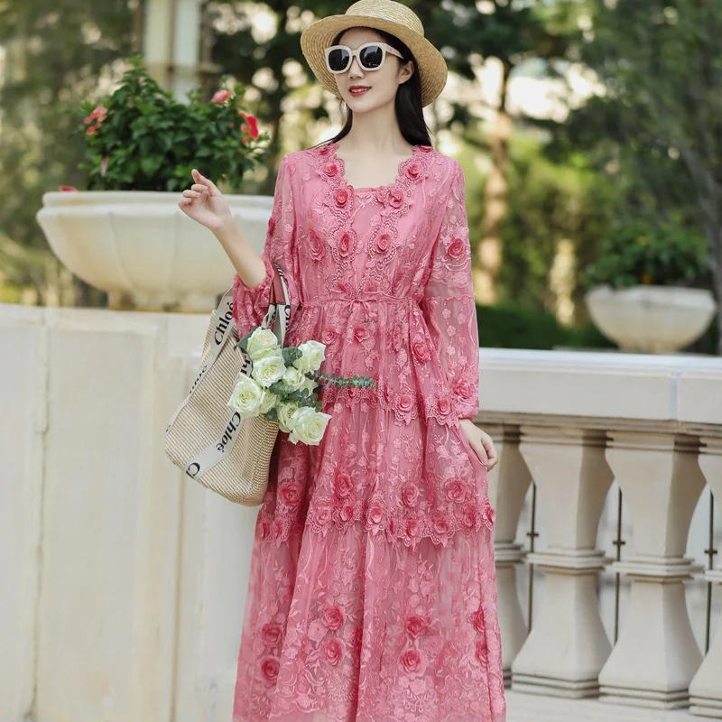 

Женское шелковое платье с V-образным вырезом, Элегантное Длинное платье кофейного и розового цвета с трехмерной вышивкой на талии, весеннее платье большого размера