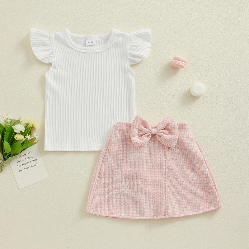 

Toddler Girl 2Pcs Skirts Outfit Fly Sleeve Ribbed Tops with Bow T Mini Skirt Set