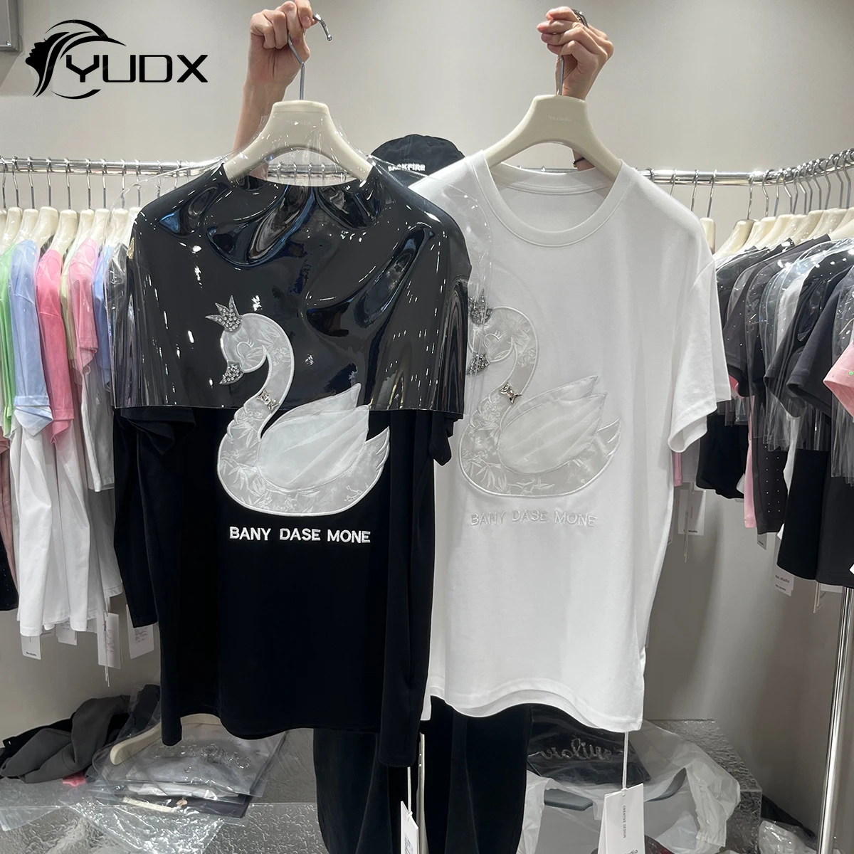 

YUDX Diamonds Embroidery White Swan Summer Women Short Sleeve T-shirt Mid-long Loose Pullover Top O-neck Casual Cotton Tshirts