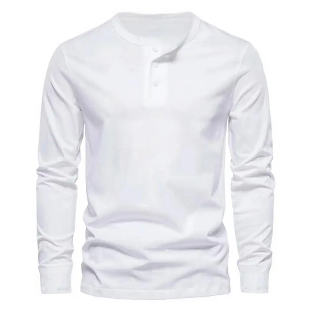 

O-neck Tops Men Pullover Top Fashionable Men's Slim Fit Long Sleeve T-shirt Casual Style Solid Color Buttoned Placket for Autumn