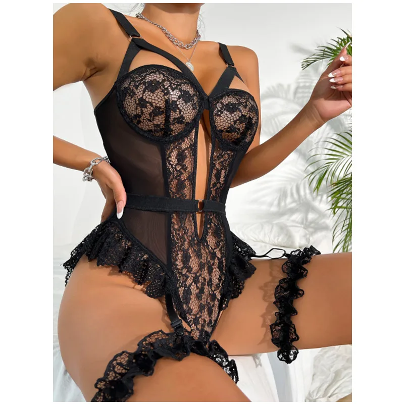 

Embroidery Floral Backless Sexy Mesh Sheer See Through One-piece Rompers Women Sexy Lingerie Slim Bodysuit Babydoll Style Origin