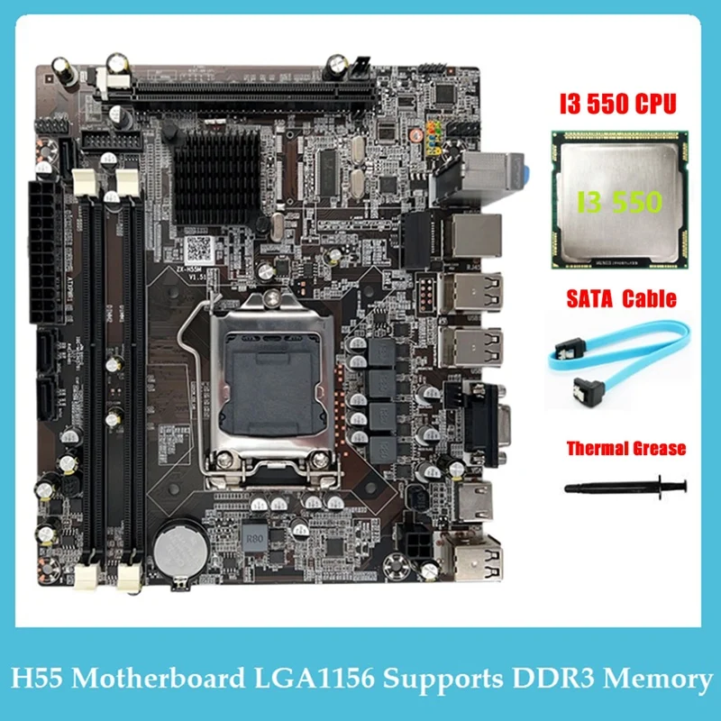 

H55 Motherboard LGA1156 Supports I3 530 I5 760 Series CPU DDR3 Memory Motherboard +I3 550 CPU+SATA Cable+Thermal Grease Parts