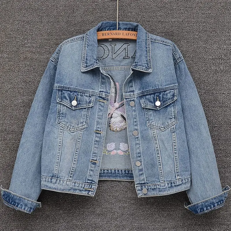 Spring Autumn Streetwear Denim Jacket Iris Duo Embroidery Leisure Women Beaded Short Jean Jackets Loose Coats Fashion Harajuku
Spring Autumn Streetwear Denim Jacket Iris Duo Embroidery Leisure Women Beaded Short Jean Jackets Loose Coats Fashion Harajuku