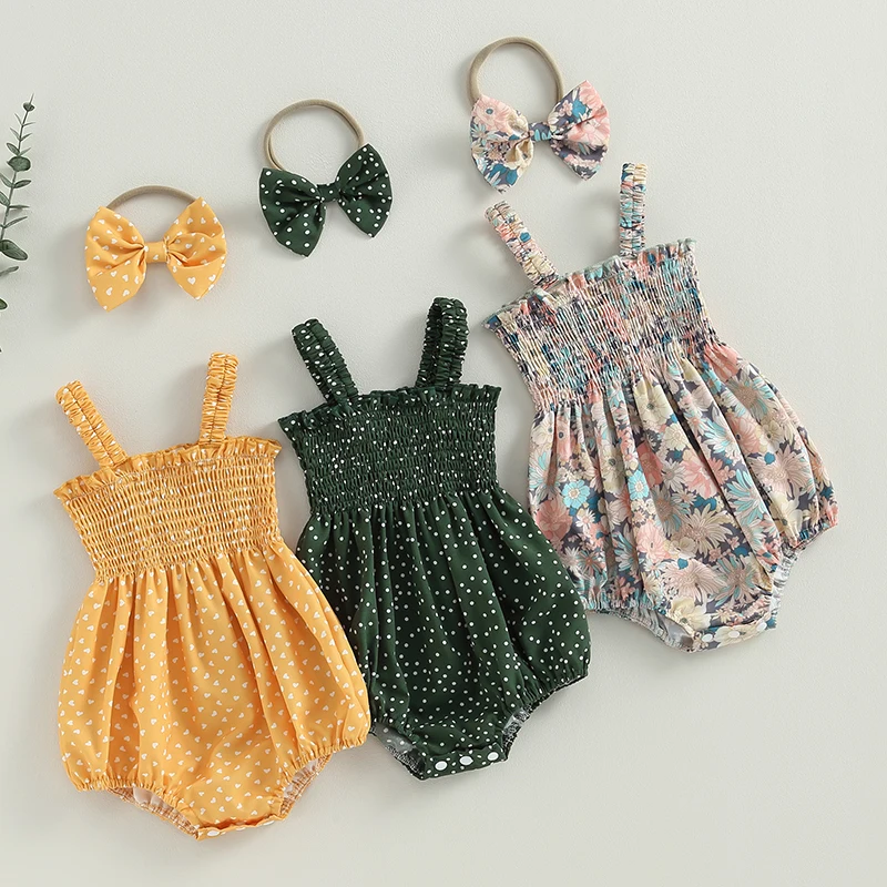 

2Pcs Clothes Set Lovely Baby Girl Summer Outfits Sleeveless Frill Smocked Romper with Headband Set Cute Baby Bodysuits Outfits