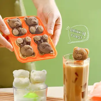4Grid Silicone Mold 3D Bear Shape Ice Cube Maker Chocolate Mould Candy Dough Mold For Coffee Milk Tea Whiskey Household Ice Mold