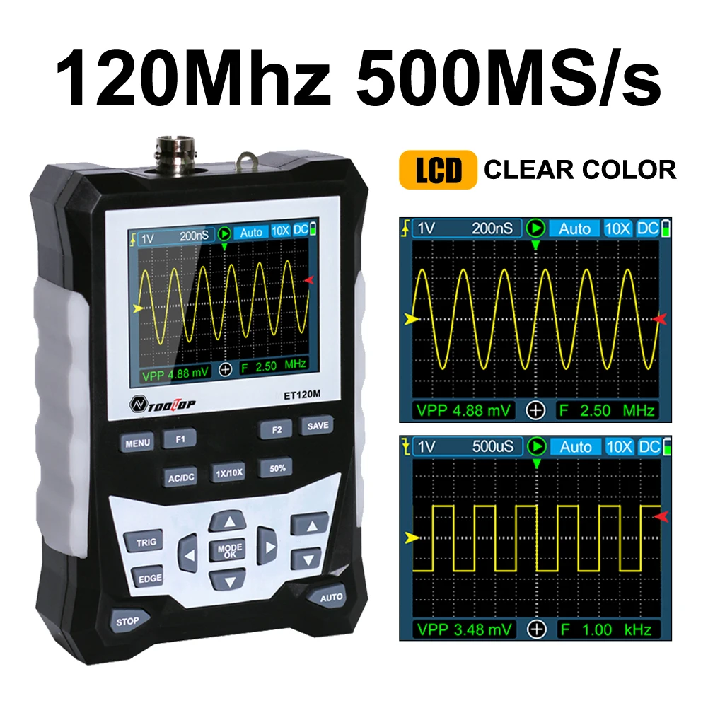 Oscilloscope Handheld Digital Oscilloscope with 2.4" Screen Multimeter Signal Generator 120MHz Bandwidth 500MS/s Sampling Rate
Oscilloscope Handheld Digital Oscilloscope with 2.4" Screen Multimeter Signal Generator 120MHz Bandwidth 500MS/s Sampling Rate