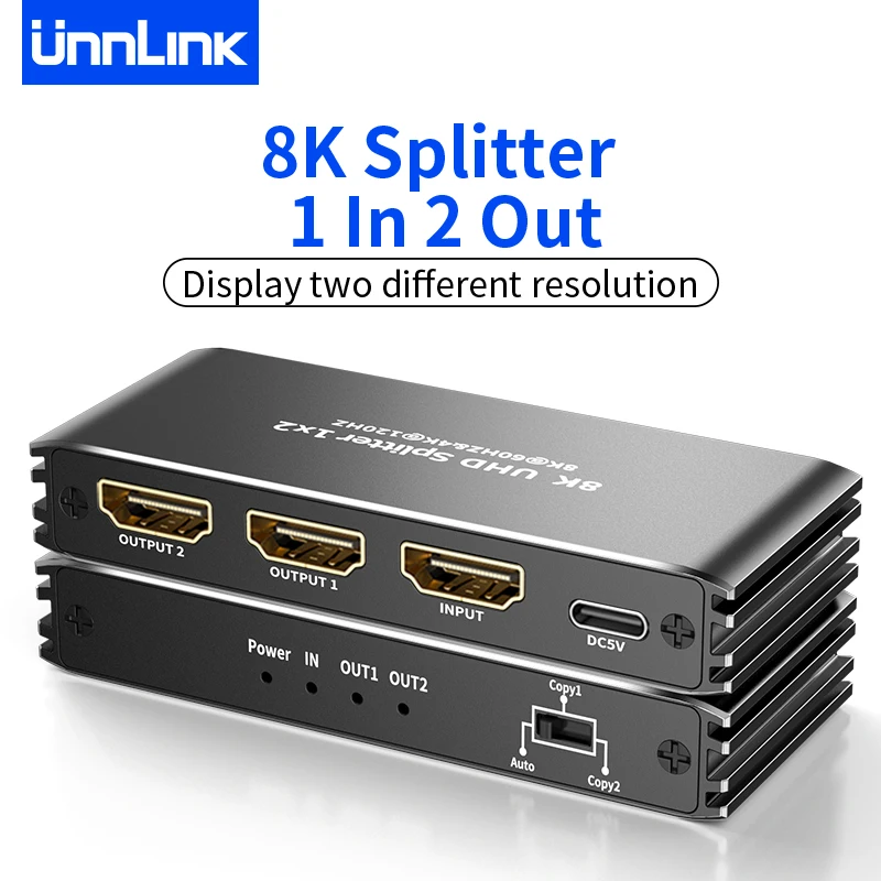 

Unnlink 8K 60Hz HDMI Splitter 1 In 2 Out 4K 120Hz 1x2 Support Dolby Vision Atmos ALLM HDR UHD VRR for PS5/4 XBox to TV