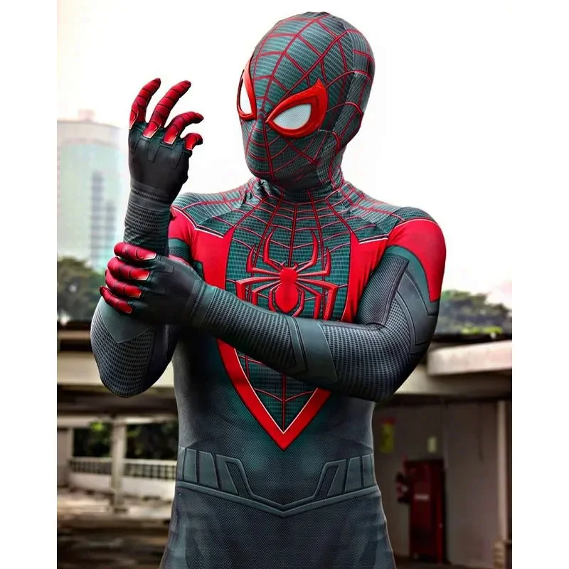 

Miles Morales PS5 Spiderman CostumeBlack/Red Raim Spider Man Cosplay Superhero Zentai Suit Halloween Costumes for Adults/Kids
