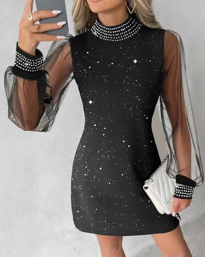 

Women's A Line Dresses 2024 Semi-Sheer Mesh Patch Glitter Rhinestone Temperament Commuting Fashion Long Sleeve Casual Dress