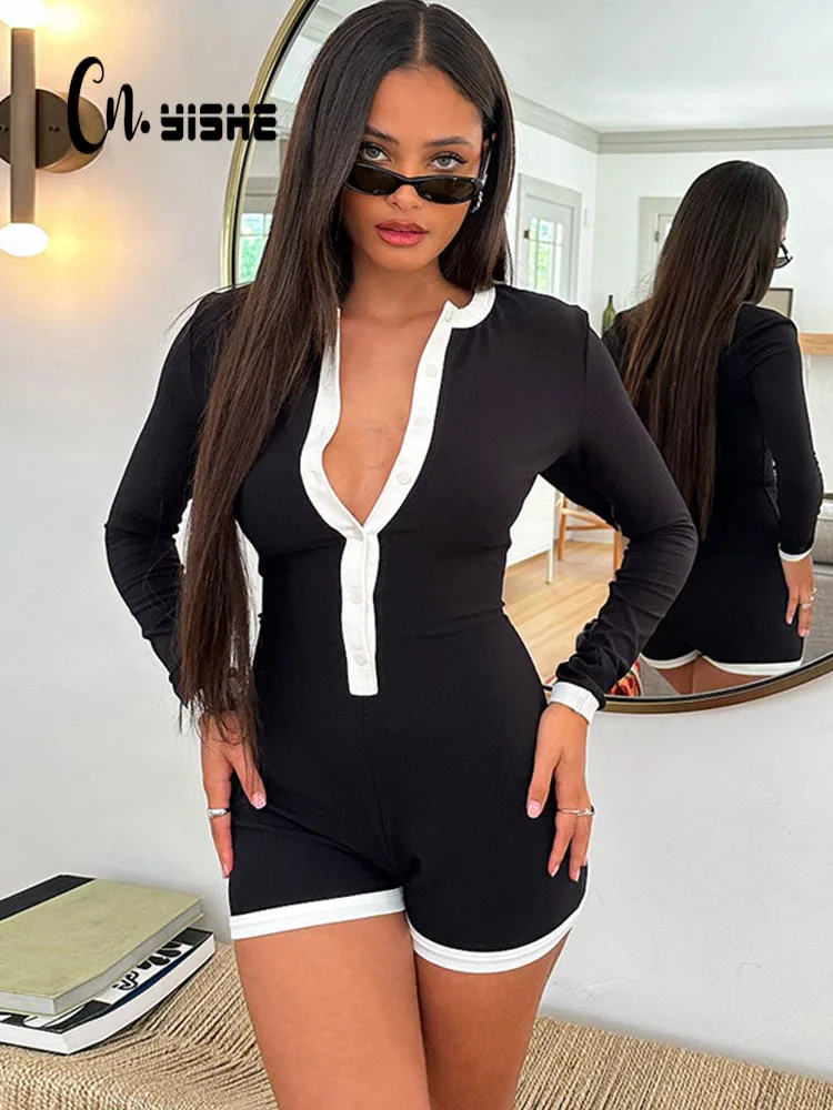 

Cnyishe Sexy Fashion Button Casual Women Playsuits O Neck Long Sleeve Rompers Sheath Streetwear Fashion Jumpsuits Regular Female