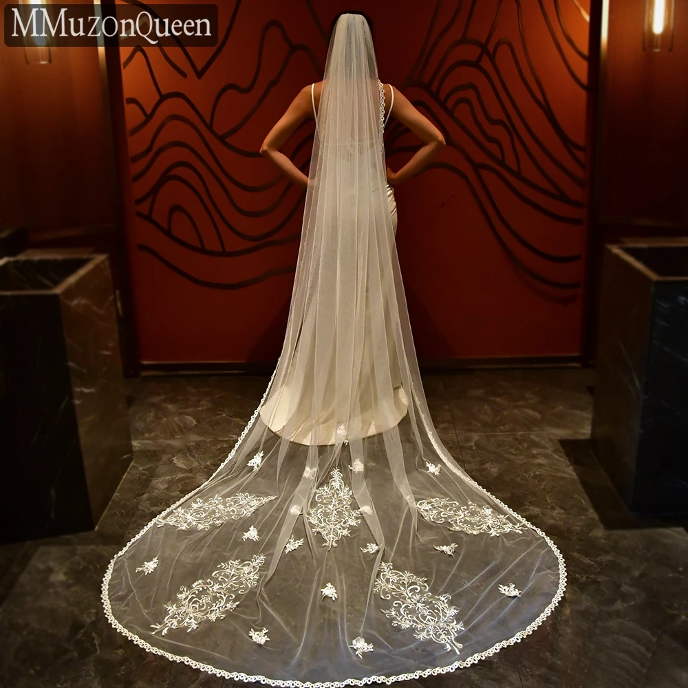 

MMQ M47 1 Tier Cathedral Bridal Veil with Lace Appliques Soft Tulle Long Wedding Veils elegant wedding headdress lace bride