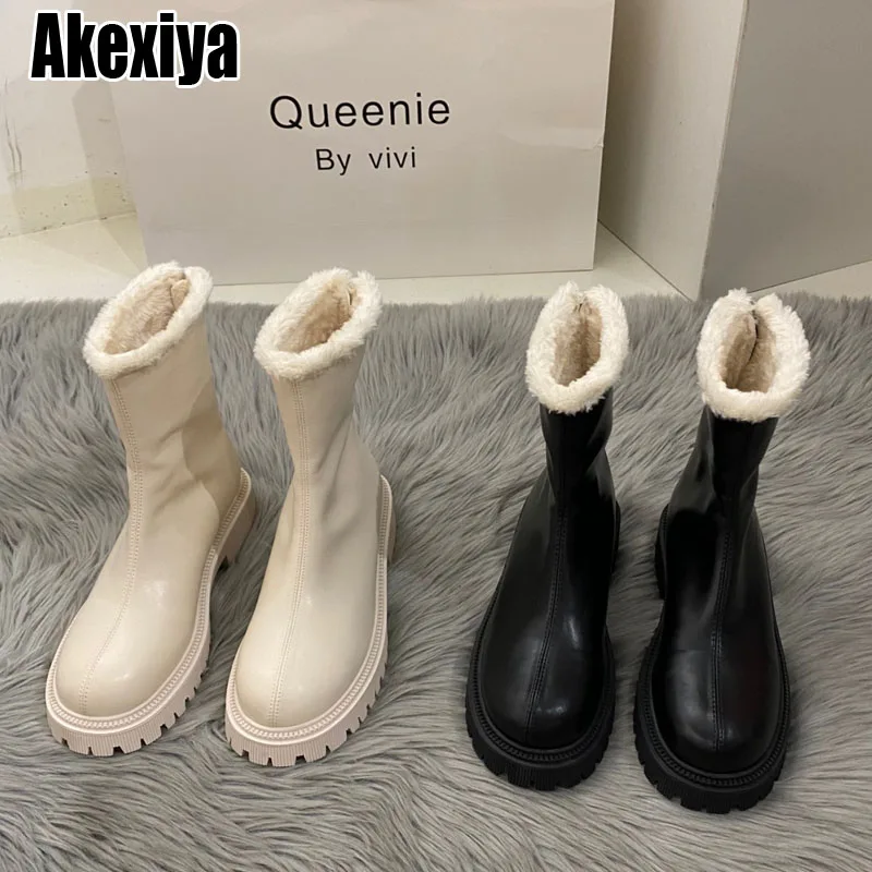 

2023 Herfst Slip-On Chelsea Laarzen Warm boots Mode Ronde-Teen Platte Platform Laarzen Dame Schoenen Winter Laarzen Vrouwen