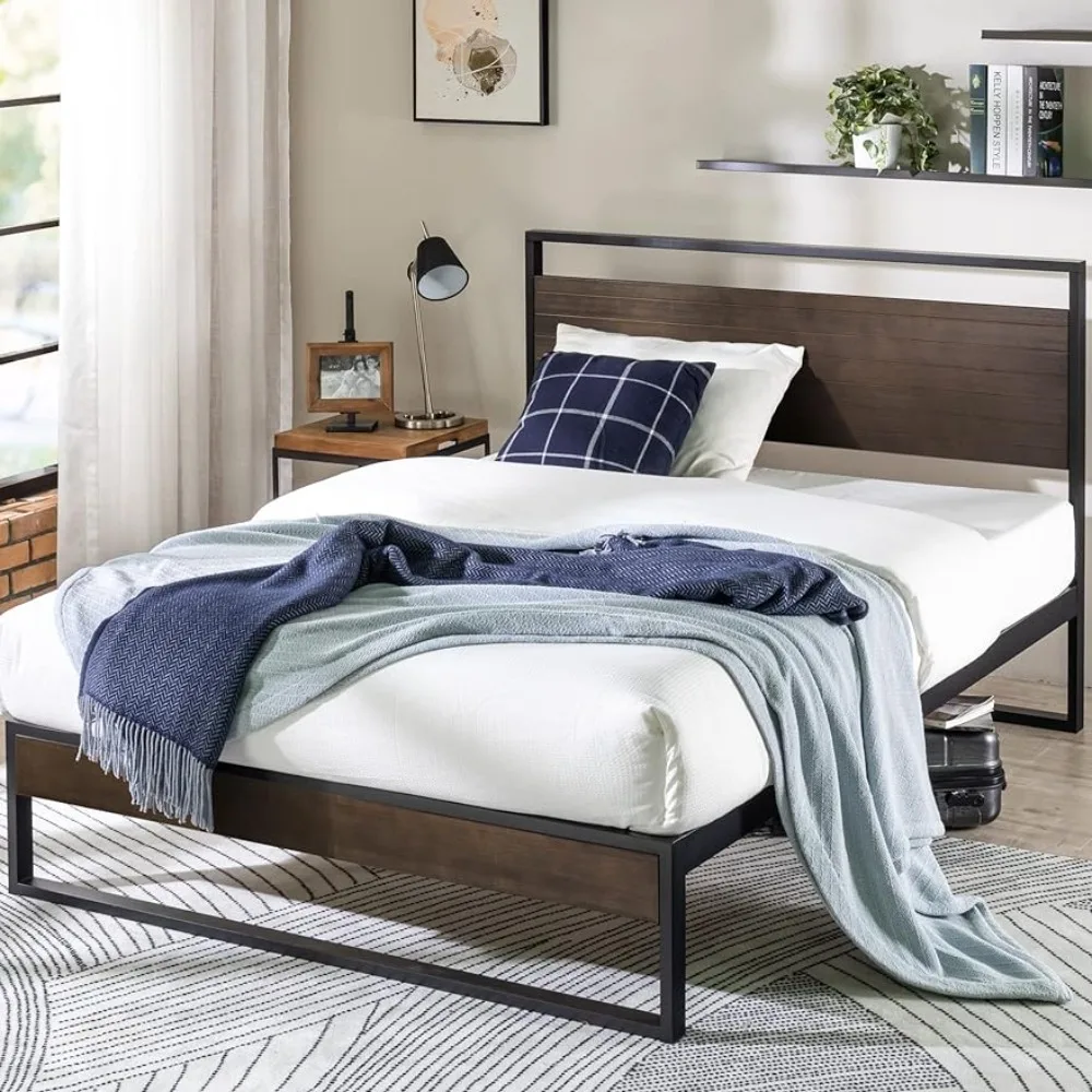 

44-дюймовая бамбуковая и металлическая платформа для кровати, основы и рамы для кровати, серая моющаяся деревянная подставка без коробки, требуется пружина, легкая сборка