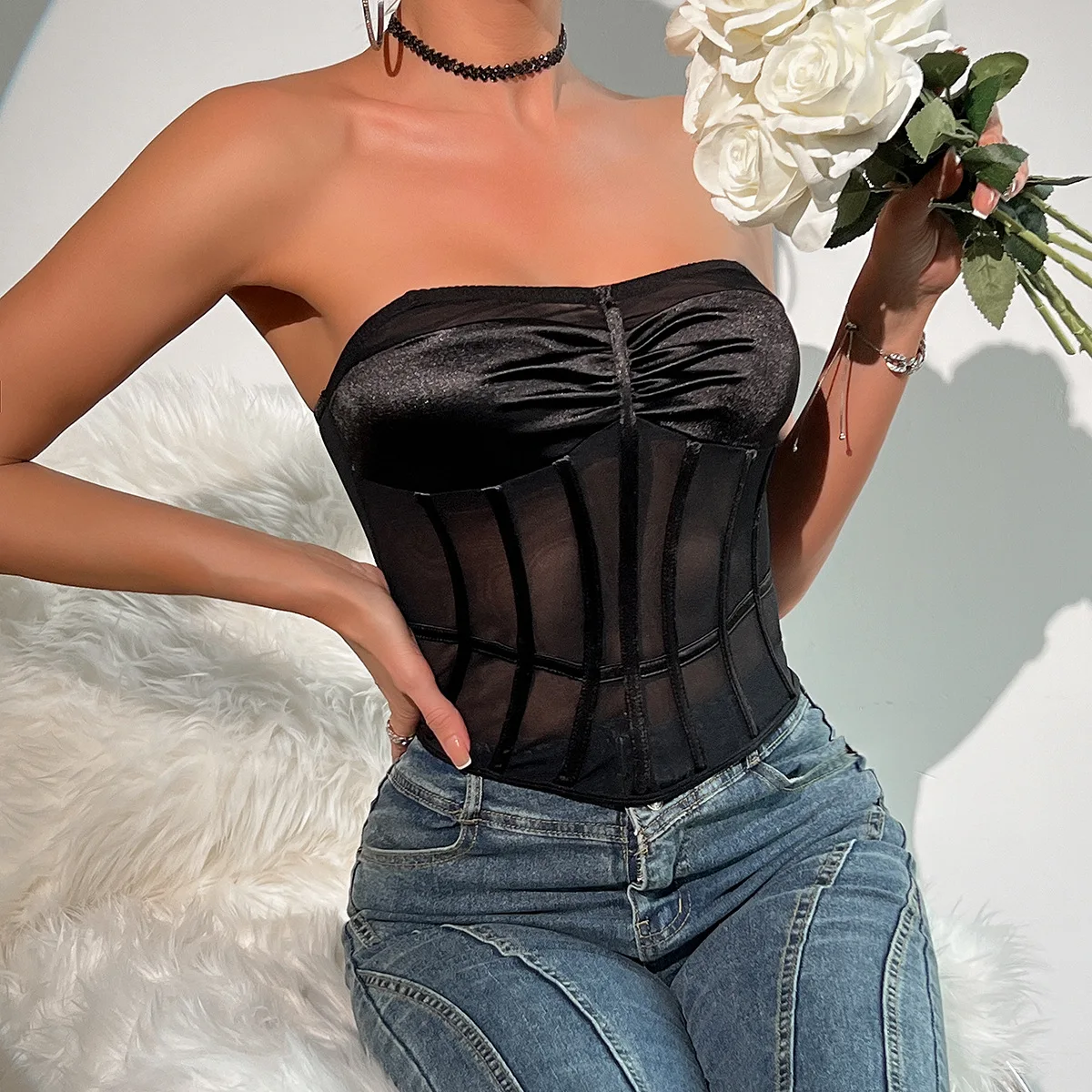 

Sexy See-through Mesh Splicing Bustier Crop Top Women's Tank Tops Summer Sleeveless Black Fishbone Vest Corset Slim Fit Camisole