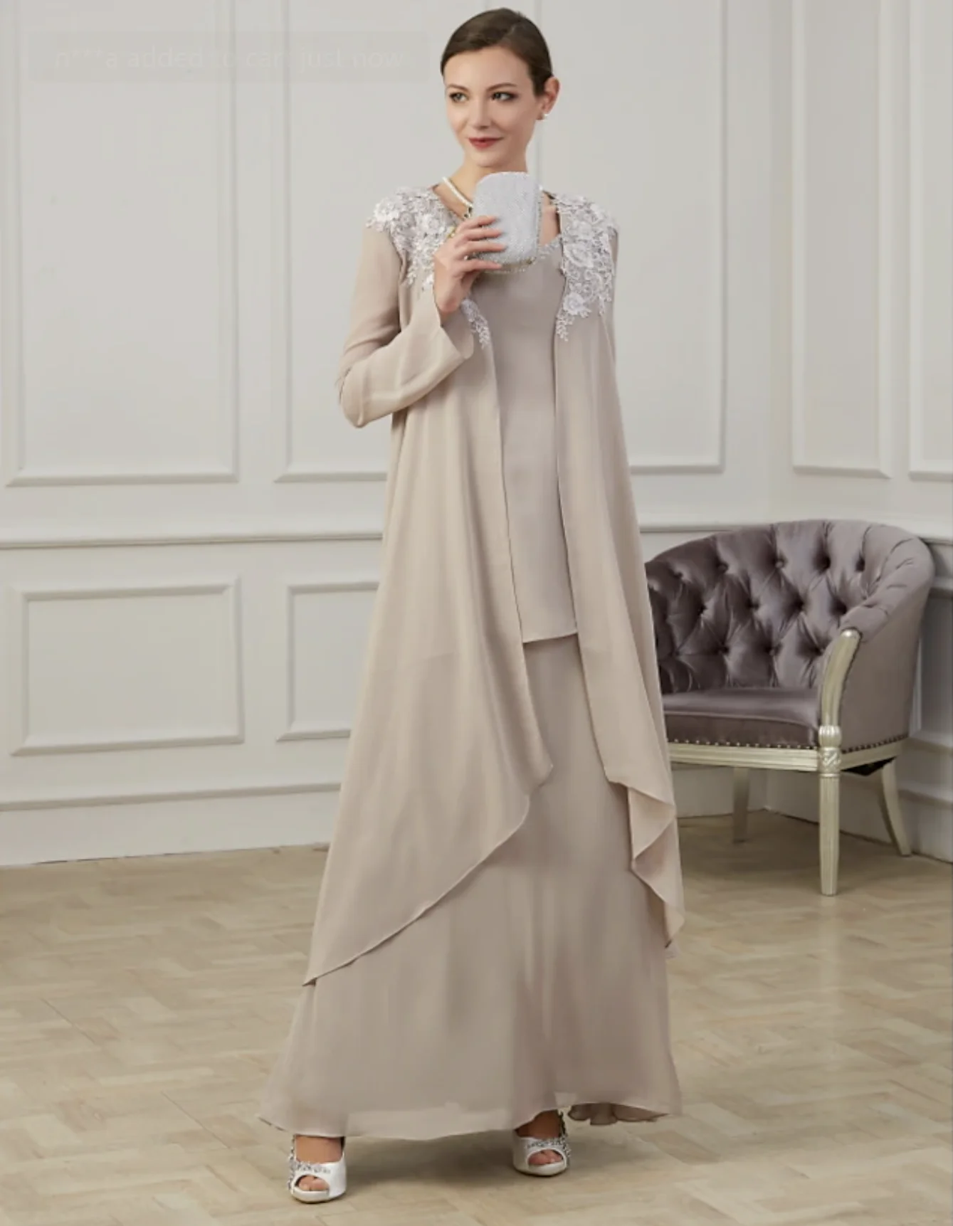 

A-Line Mother of the Bride Dress Wedding Guest Jewel Neck Floor Length Chiffon Long Sleeve Jacket Dresses with Appliques 2024