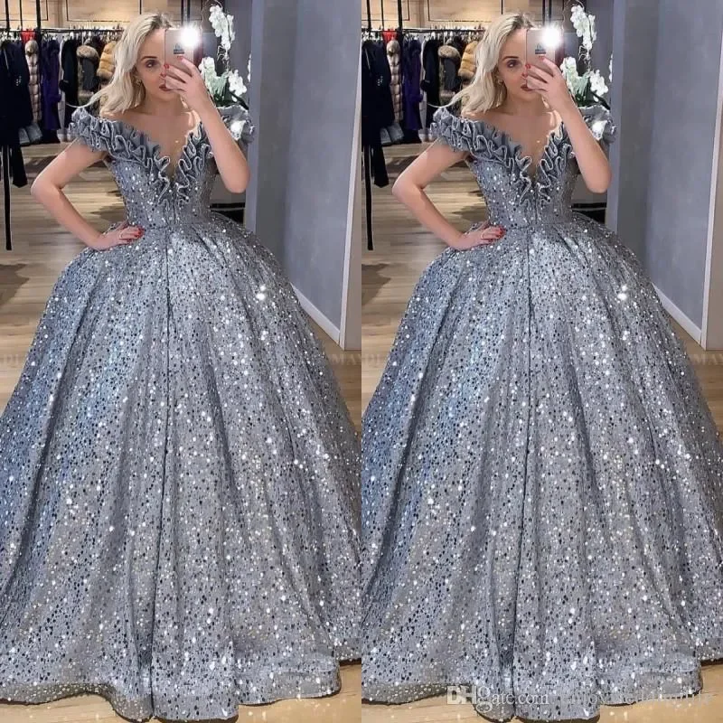 

IRIDESCENT Glitter Silver Ball Gown Sequin Arabic Quinceanera Dresses Off the Shoulder Ruffles Masquerade Lace Up Plus Size