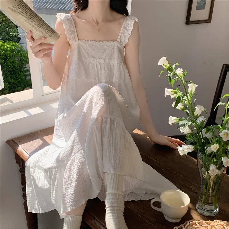 

Korean Spaghetti Linen Summer Home Nightgown Wear Sleepdress S229 Clothes Princess Cotton Sexy Strap Women Midi Out Nightdress