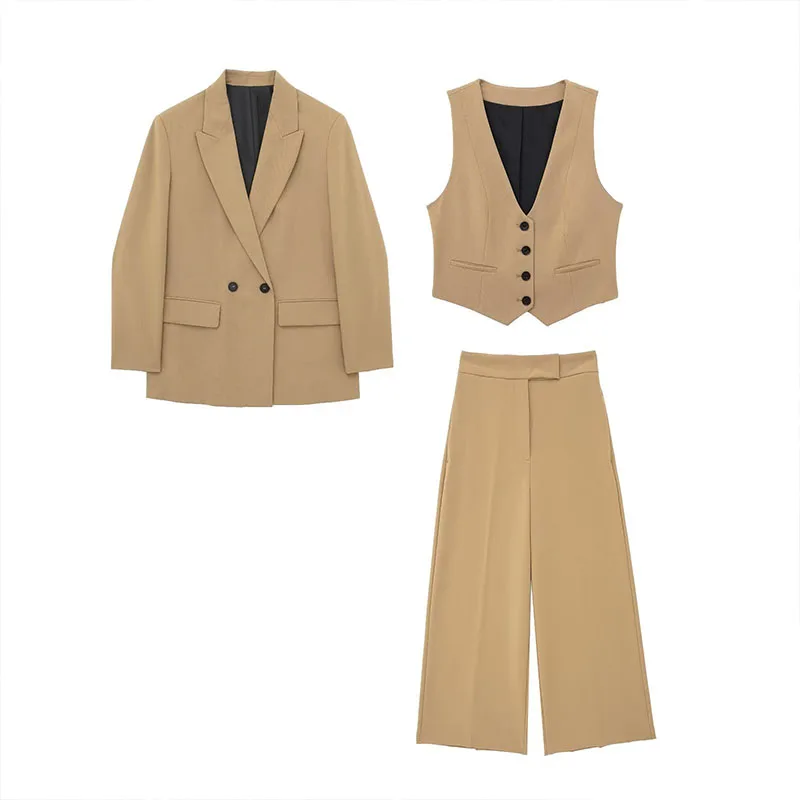 

Ladies Two-Piece Set 2023 Casual Button Suit Long-Sleeved Jacket V-Neck Waistcoat Straight High-Waisted Pockets Wide-Leg Trouser