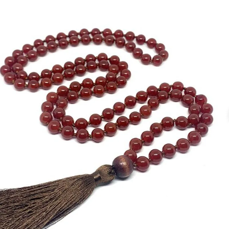 

Carnelian G-emstone Mala Healing Necklace Hand Knotted 108 Beads Prayer Tassel Necklaces Japa Mala Meditation Jewelry Gift Wome