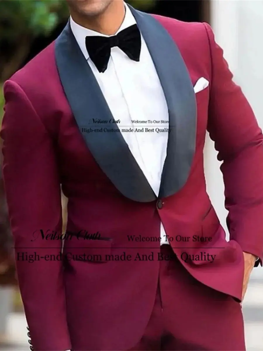 

Fashion Red Shawl Lapel Male Prom Blazers 2 Pieces Sets One Button Groom Wedding Tuxedos Slim Fit Business Terno Masculino