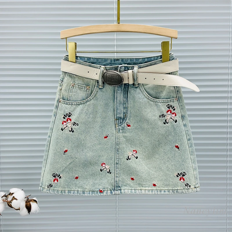 

Small Flower Embroidered Denim Skirt for Women 2024 New Summer High Waist All-Matching A- Line Sheath Skirt Short Pantskirt