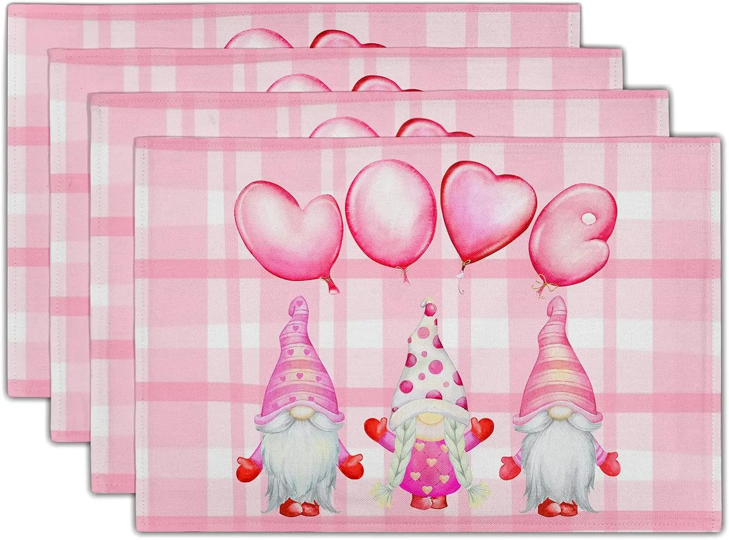 

Valentine Gnome Placemats Set of 4 12x18 Inch Love Elf Balloon Linen Table Place Mat with Pink White Buffalo Check Plaid Mats