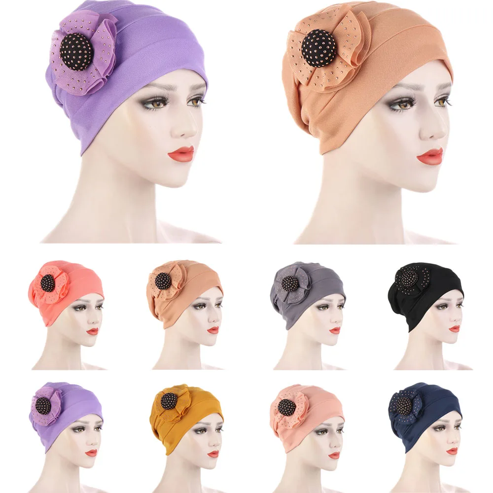 

Muslim Women Flower Hijab Cancer Strech Bonnet Turban Chemo Cap Arab Hat Beanies Hair Loss Headwrap Scarf Cover Hair Accessories