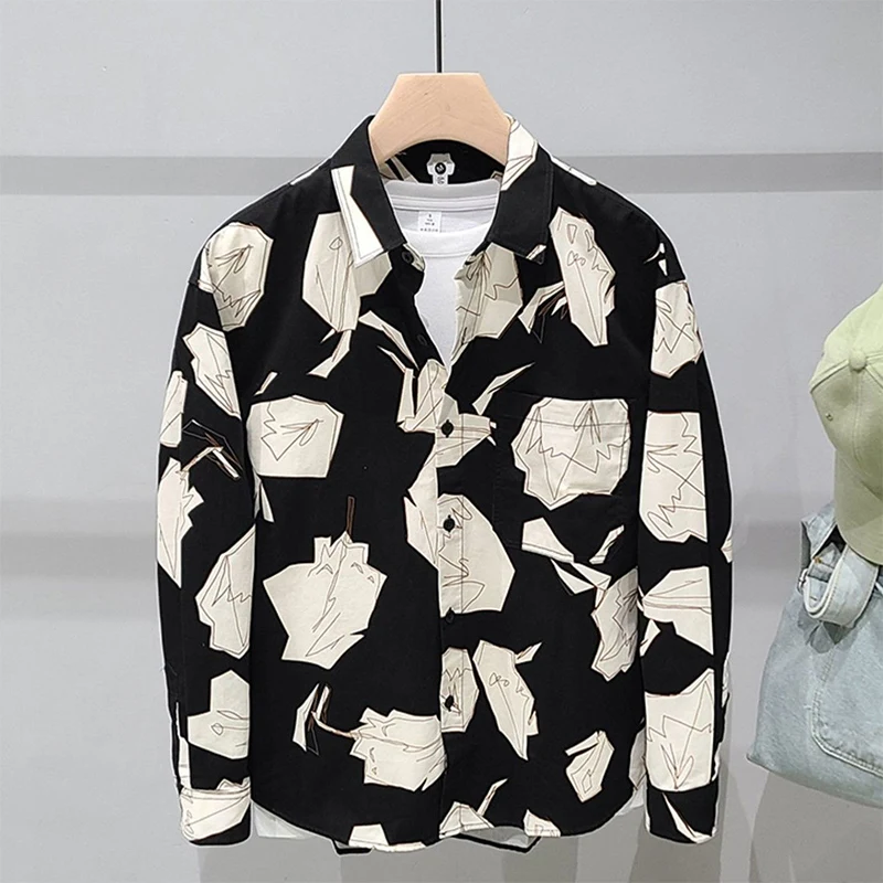 

Spring Autumn Korean Fashion Printed Shirt Male Long Sleeve Casual All-match Cardigan Blouse Homme Buttons Top Men's Clothing