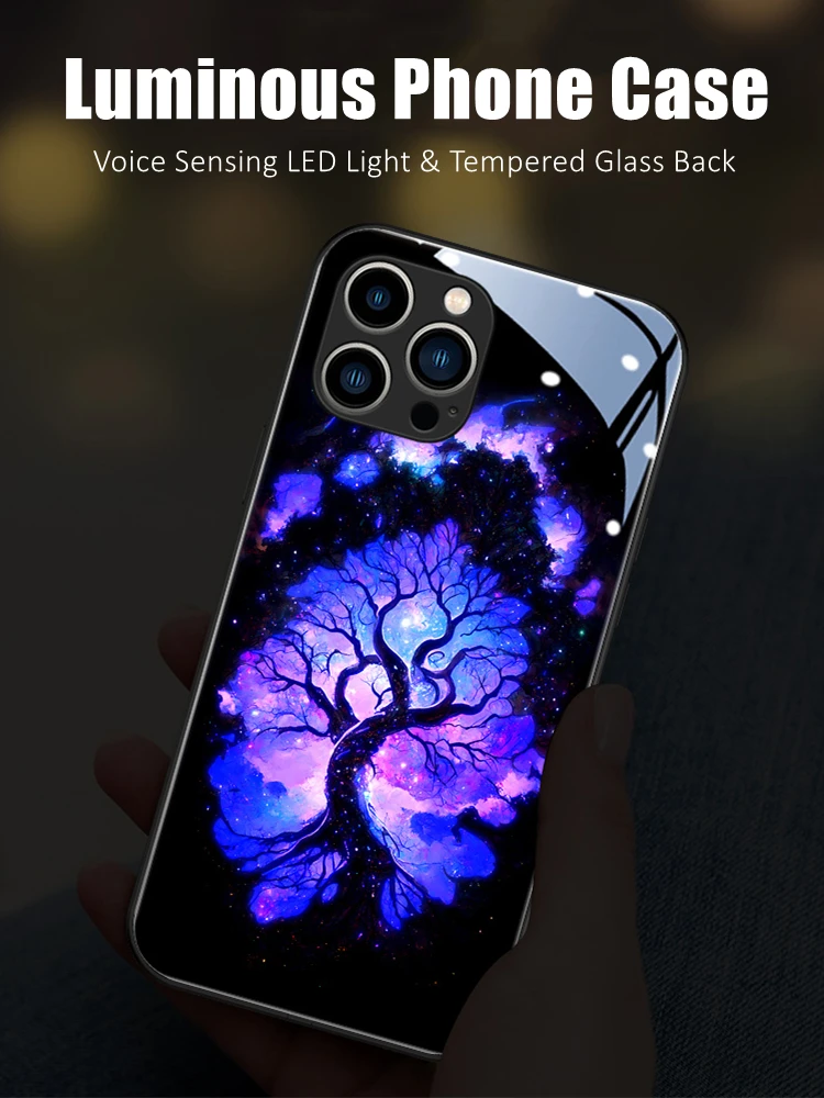 

Lucky Tree Colorful LED Light Glow Luminous Tempered Glass Phone Case for OnePlus 6 6T 7 7T 8 8T 9 9R 10 Ace Nord 2 N10 N200 Pro
