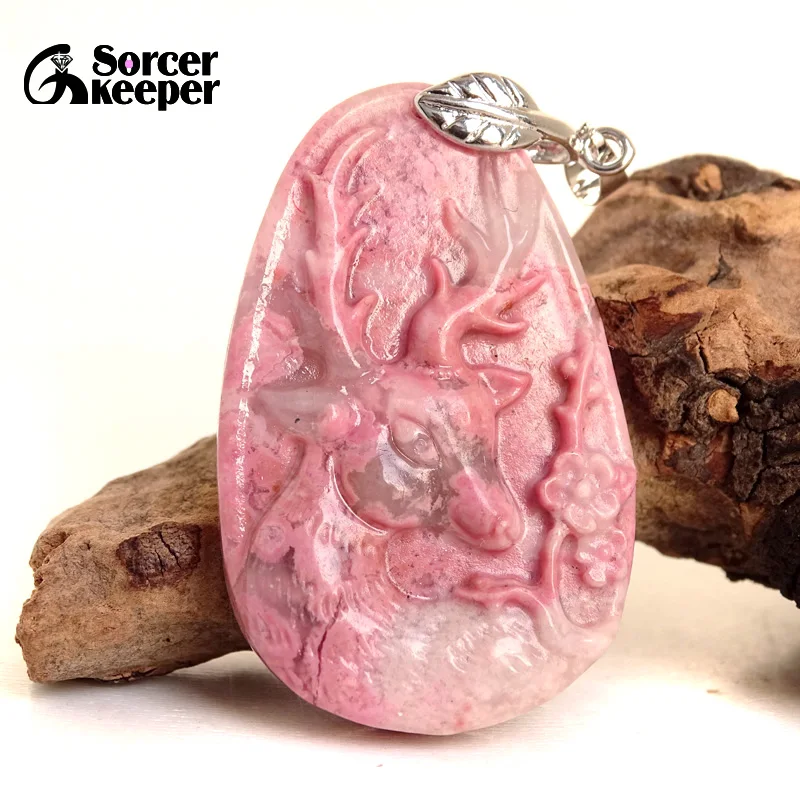 

Carved Deer Natural Rhodonite Jasper Round Beads Pendant Long Quartz Crystal Necklaces For Women Jewelry Reiki Healing BH552H