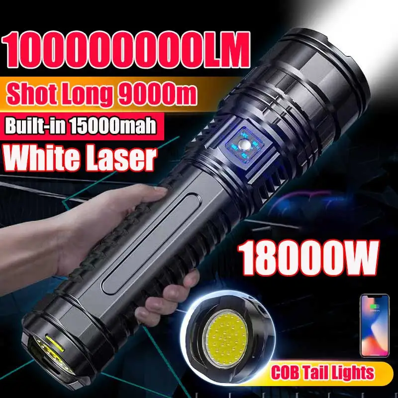 

10000000LM LED White Laser Built-in Battery Flash Light Emergency Spotlights 5km Most Powerful Led Flashlights Tactical 15000mah