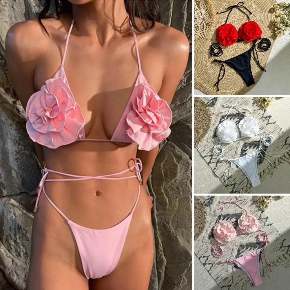 

Женский пикантный купальник, комплект бикини с 3d розовым декором, с лямкой на шее, быстросохнущая мягкая Беспроводная пляжная одежда для летних отпусков, Лидер продаж, весна