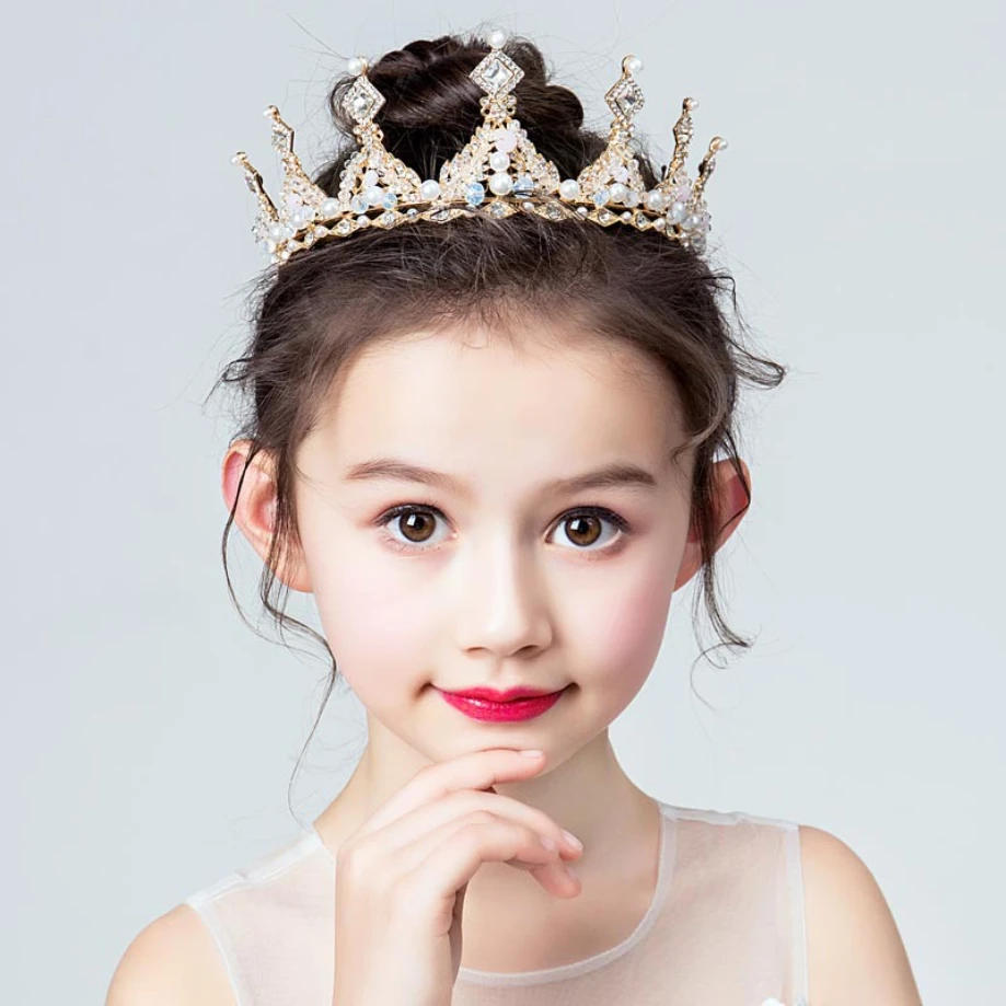 

Fashion Gold Silver Color Crystal Crowns For Kids Child Girls Pearls Tiaras Diadems Wedding Hair Accessories Bridal Jewelry