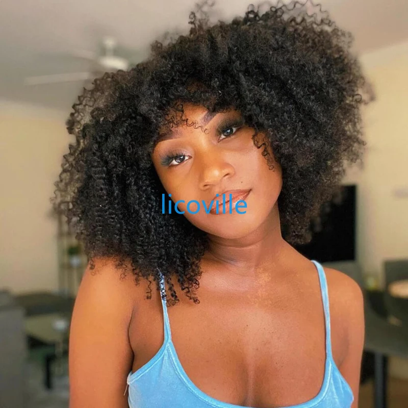 

Afro Kinky Curly Wig With Bangs Full Machine Made Scalp Top Wig 180 Density Brazilian Short Curly Bang Wig Human Hair