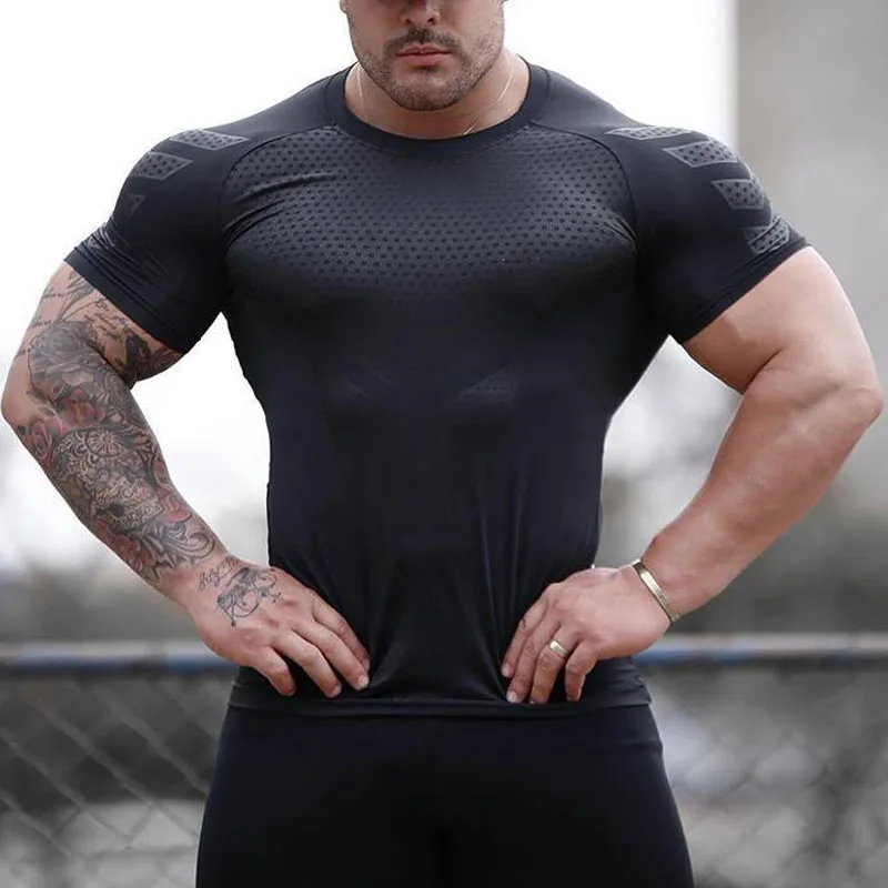 

Male Gym Fitness Bodybuilding Workout Muscle Black Tops Clothing Quick dry T-shirt Men Running Sport Skinny Short Tee Shirt