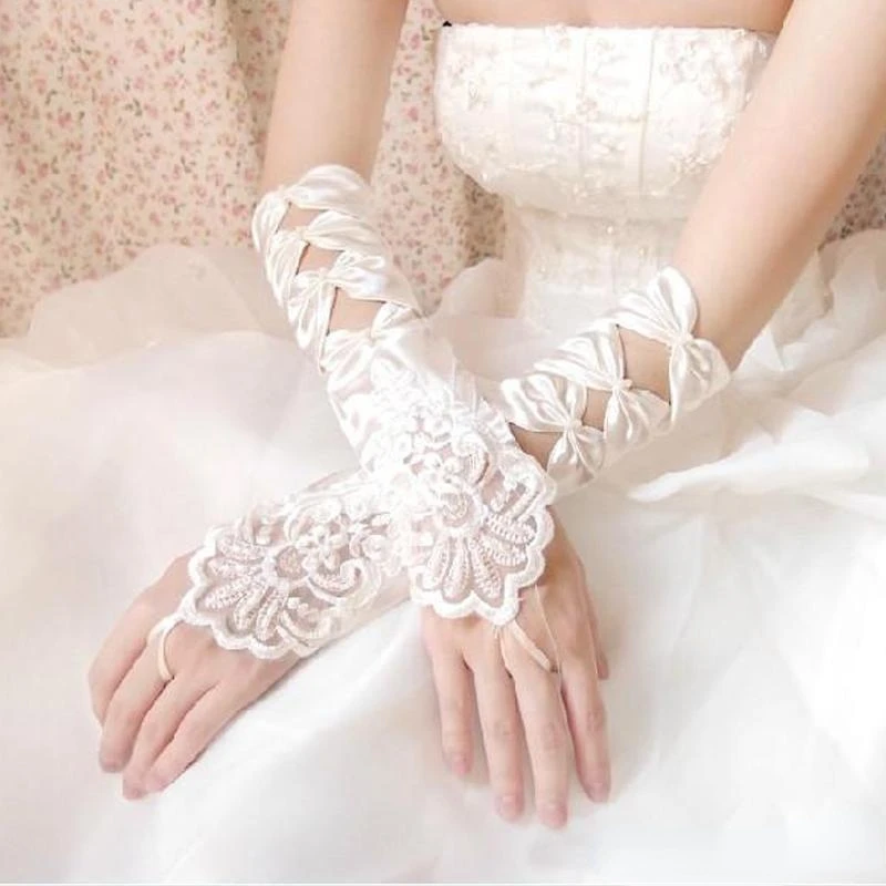 

New Hot Sale High Quality White Ivory Fingerless Wedding Gloves Cheap Sheer Lace Beaded Bridal Gloves