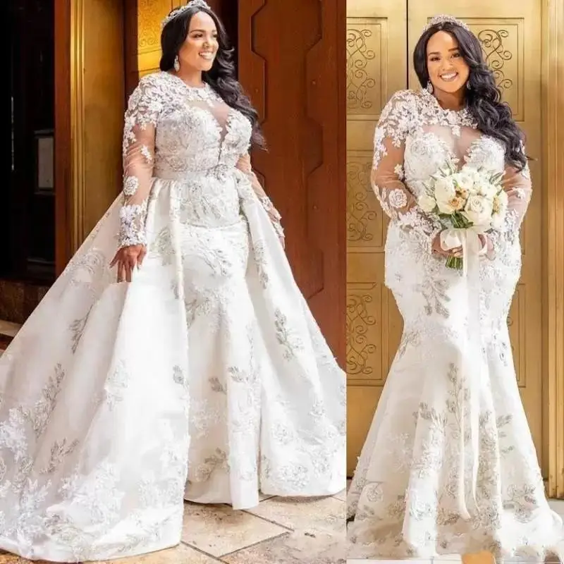 Plus Size Vestido de novia Wedding Dresses Long Sleeve Full Lace Floral Applique Detachable Long Train African Wedding
Plus Size Vestido de novia Wedding Dresses Long Sleeve Full Lace Floral Applique Detachable Long Train African Wedding
