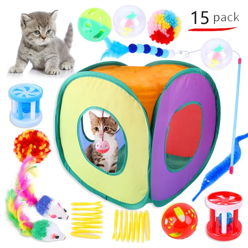

Набор игрушек для кошек, 15 шт., интерактивные кошачьи игрушки для домашней кошки со складной палаткой, туннель, Интерактивная игрушка для кошек и перьев