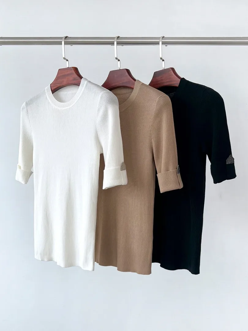 Beaded Ladies Simple Slim Knit Tshirt Short Sleeve Round Neck Women Temperament Solid Color Knitwear T-Shirt
Beaded Ladies Simple Slim Knit Tshirt Short Sleeve Round Neck Women Temperament Solid Color Knitwear T-Shirt