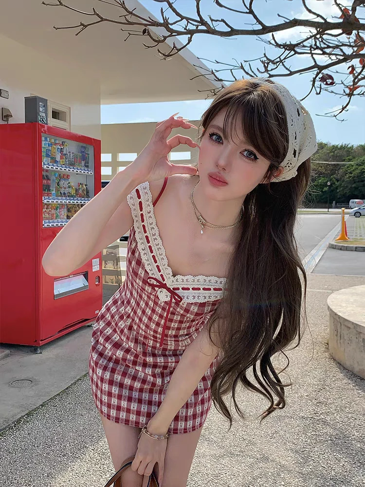 

High Quality Plaid One-Piece Frocks Spring Summer Slash Neck Spaghetti Strap Dress Off Shoulder Sundress Sweet Elegant Fashion