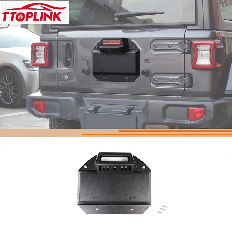 

Iron Exterior Rear Tailgate Exhaust Port License Plate Holder for Jeep Wrangler JL 2018 Up Car Accessories