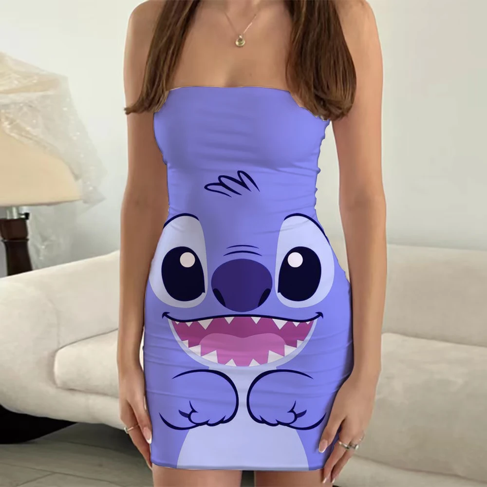 

Stitch Anime Print 2023 Summer Disney Brand Mini Skirt Strapless Dress Beach Party Sexy Fashion Nightclub Bandeau Dress Y2K