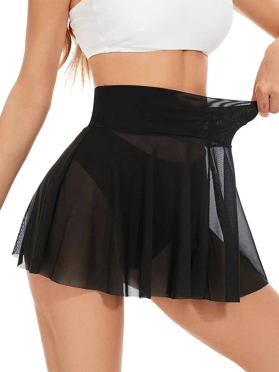 

Micro Mini Skirt with Briefs Club Sexy Mesh Sheer See Through Skirts Women Ice Silk A-Line Skirt Low Rise Waist Ruffled Skirt
