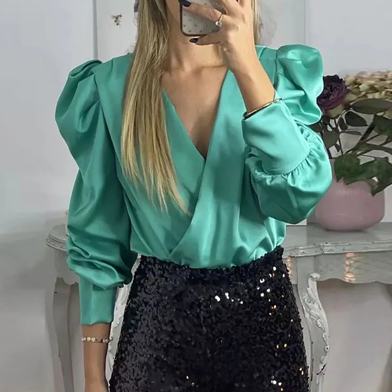 Female Temperament Pleated Occasion Tops Fashion V-Neck Puff Long Sleeve Blouses Spring Solid Color Commute Satin Shirt Pullover
Female Temperament Pleated Occasion Tops Fashion V-Neck Puff Long Sleeve Blouses Spring Solid Color Commute Satin Shirt Pullover